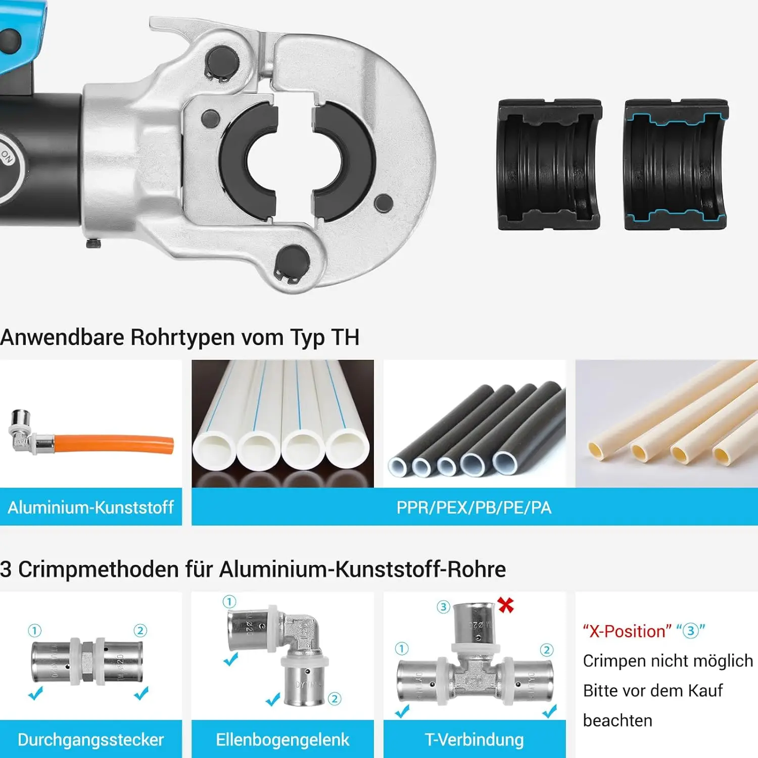 TLGREEN Hydraulic Pipe Crimping Tool with TH16 20 26 32mm Shapes with 360° Rotating Head 16T for Copper/Alu Plastic/Pex/PB Pipe