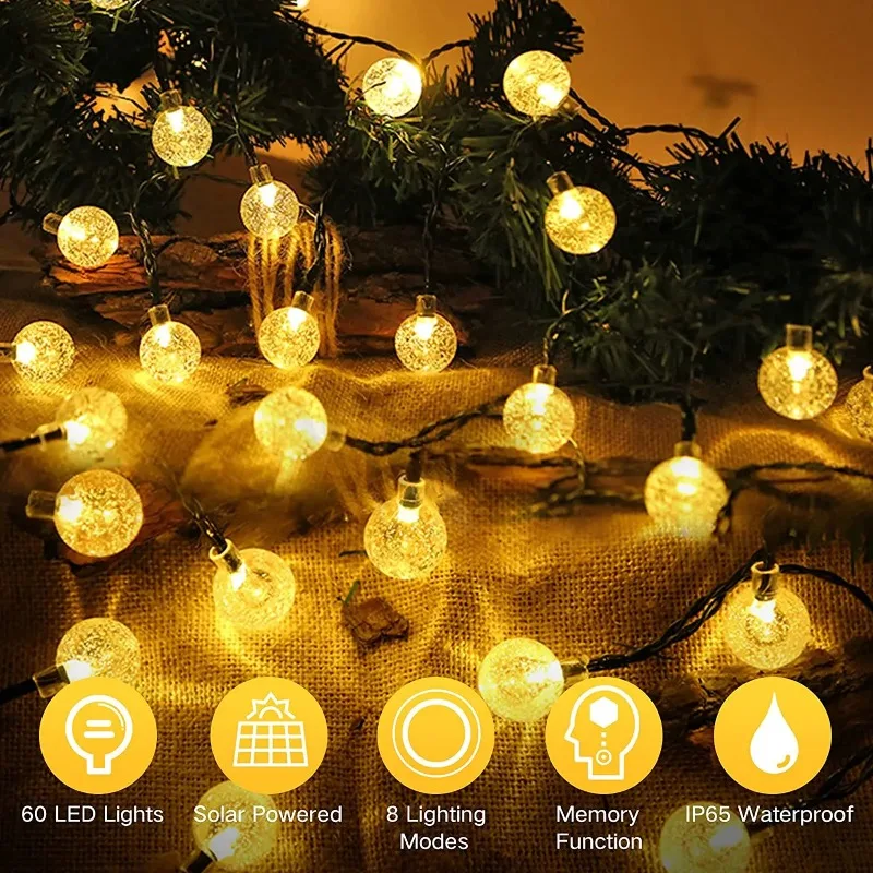 

200 Led Solar String Lights Outdoor Crystal Fairy Light Chritmas Garland 8 Modes Waterproof Patio Light for Garden Party Decor