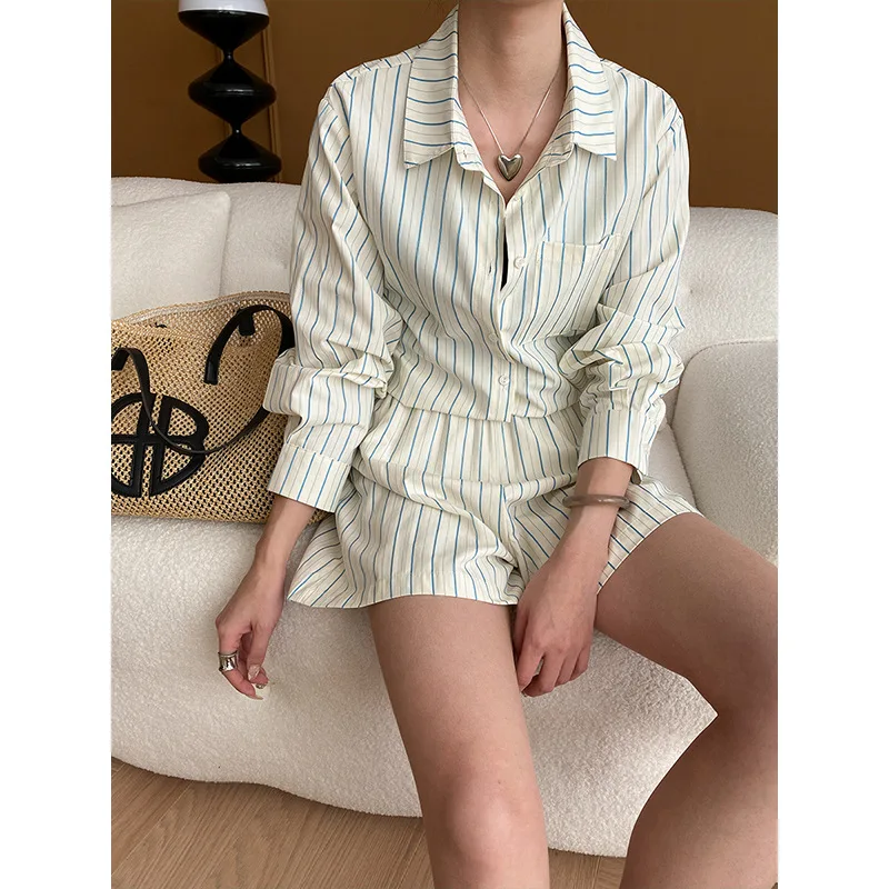 

Stripe Button Shirt Wide Leg Shorts Beach Sunscreen Two Piece Set 2024 Spring