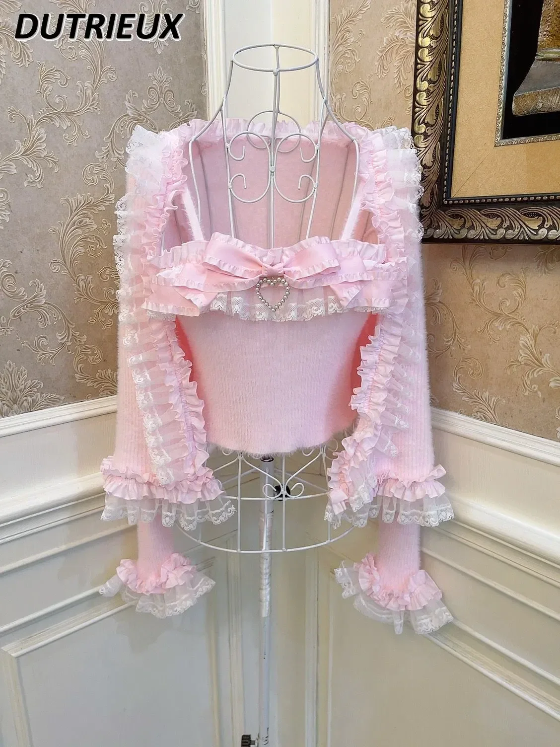 

Princess Lolita Lace Edge Mohair Sweater Cardigan Bow Heart-Shaped Slim-Fit Short Sling Spring Autumn Women's Two Piece Set
