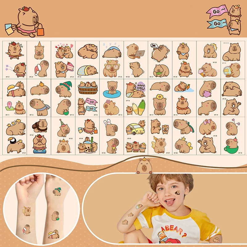 Capybara Tattoo Stickers Cartoon Children's Temporary Tattoos 30 Sheets