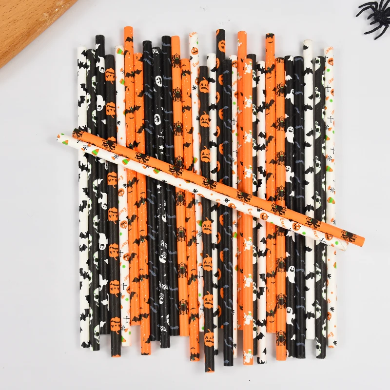 25/50 Pcs Halloween Black Orange Paper Straws Pumpkin Bat Spider Web Pattern Paper Drinking Straws for Halloween Party Supplies disposable paper straws