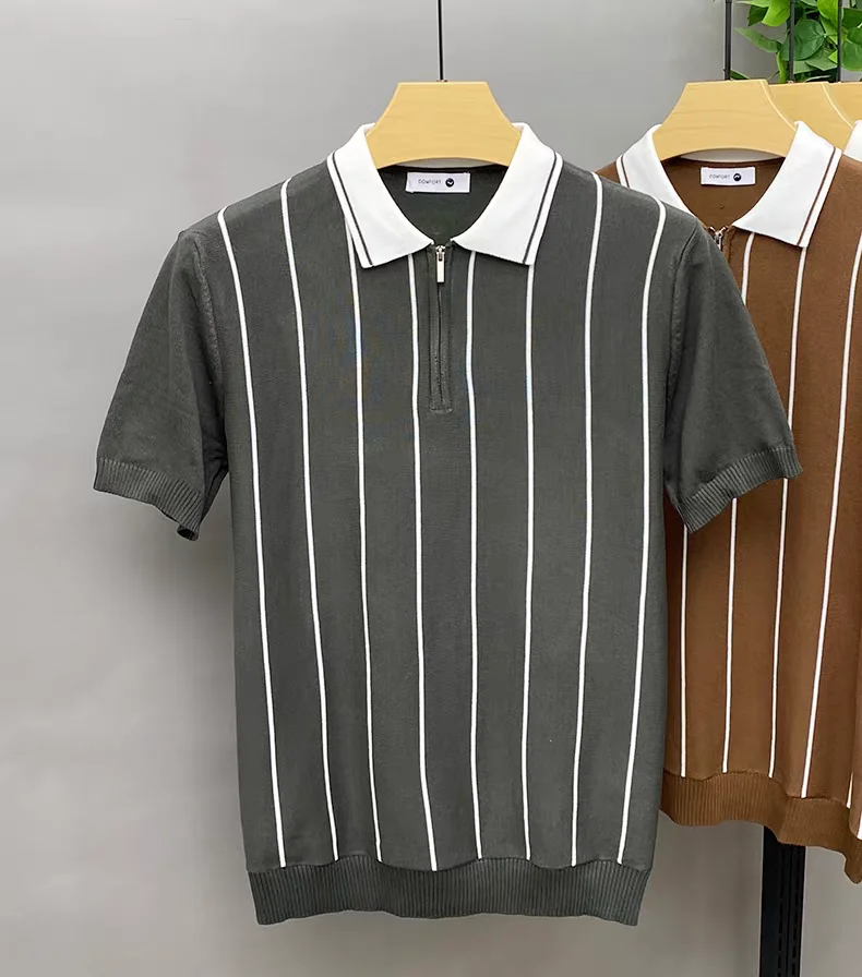 High quality summer knitted short sleeve polo shirt fashion half zipper lapel T-shirt vertical stripes comfort casual men's wear 17 S5ee836109cff4bc7826035f447ca3ddai