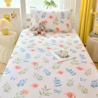 Botanical Floral Fitted Sheet Set 100% Cotton Skin-friendly Bedspread with 2 Pillowcases Children and Student Room Single Sheet 1