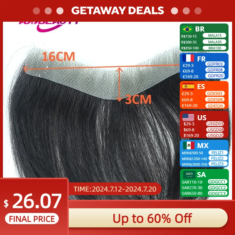 

V Frontal Toupee Thin Skin PU 0.05-0.14mm VLoop Men Wig Indian Human Hair Replacement System 6inch Hairpiece Natural Color 100%