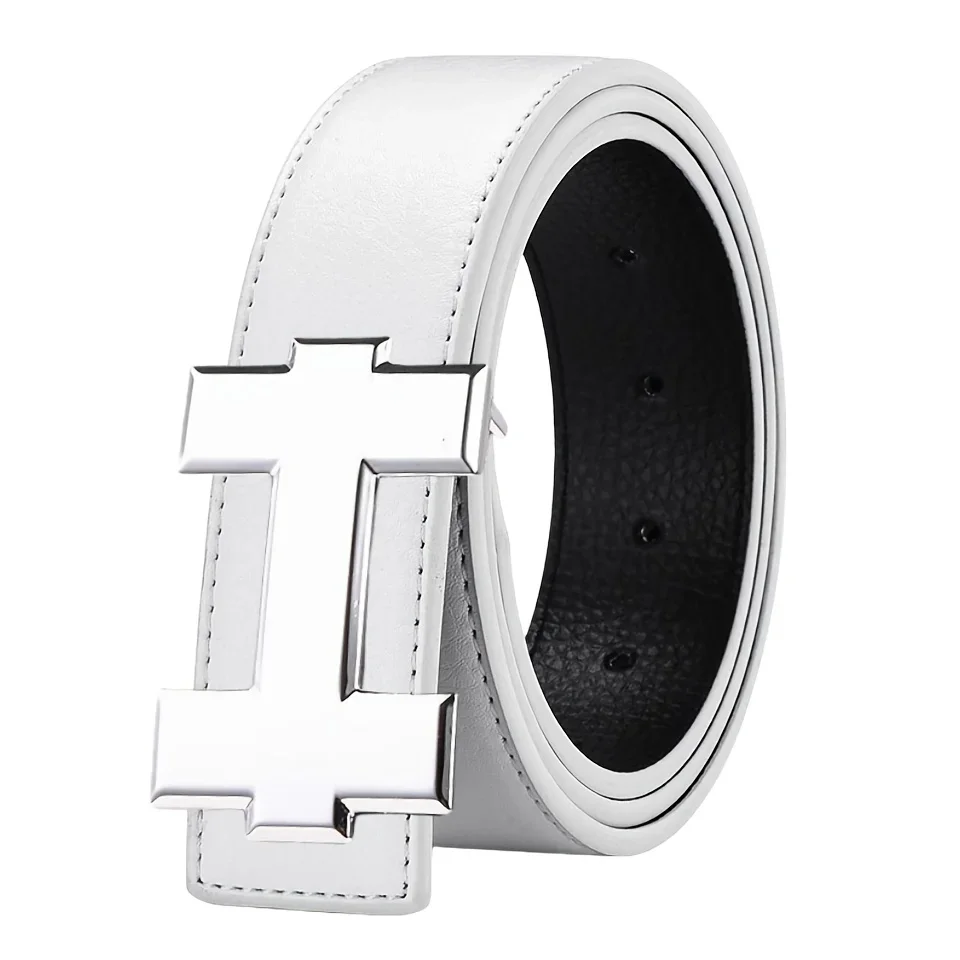 Ceinture décontractée à la mode de 3,3 cm avec boucle lisse argentée, ceinture de styliste pour hommes de haute qualité, coupe unisexe, parfaite pour les vêtements de travail en jean
