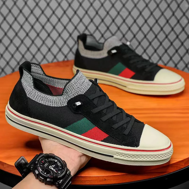 

2024 New Shoes For Men Casual Shoes Spring Summer Striped Flat Skateboard Shoes Breathable Knit Slip-on Sneakers