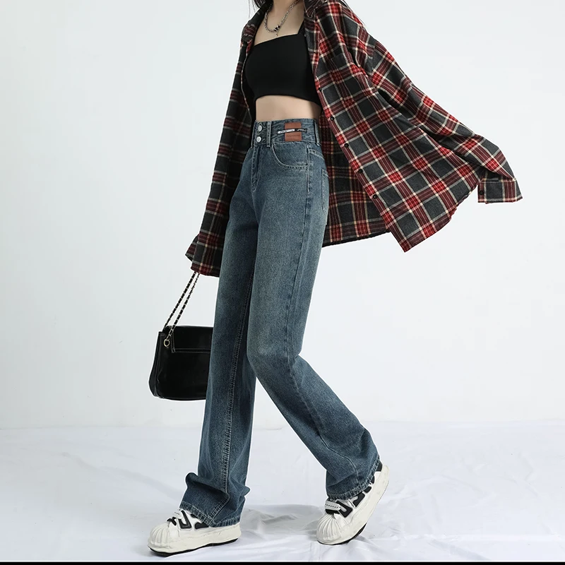 XS-2XL Size Straight Loose Wide Leg Jeans for Women High Waist Casual Fashion All-match Pockets Denim Trousers Retro Blue Female