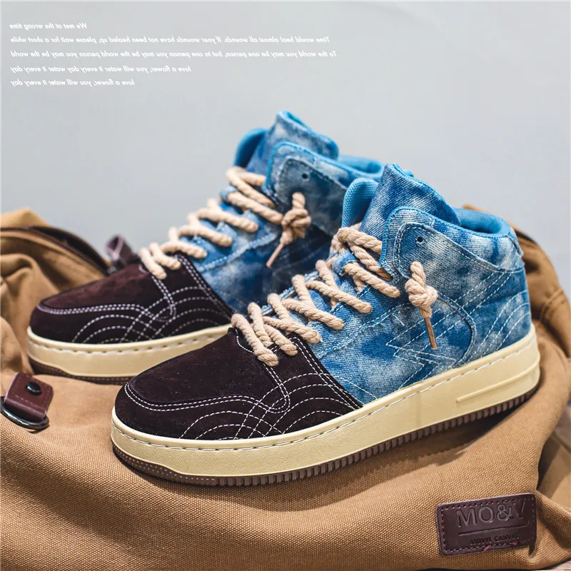 Hot Sale Retro High Top Men Sneakers Denim Blue Canvas Platform Shoes
