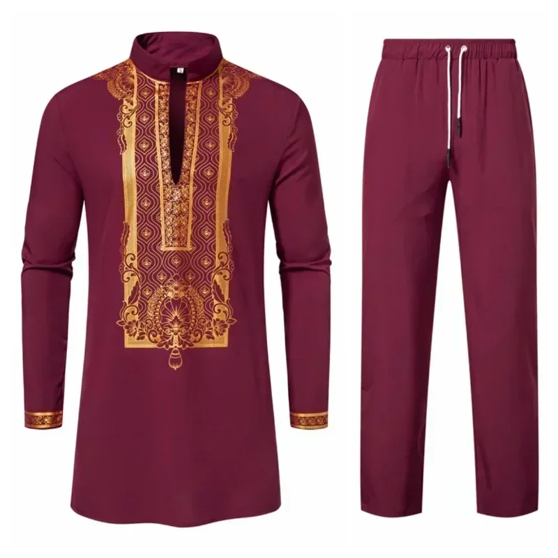 2024 New Personality Men's Long Sleeve Shirt Sets Leisure Dinner Print Design Medium Long Clothes for Men