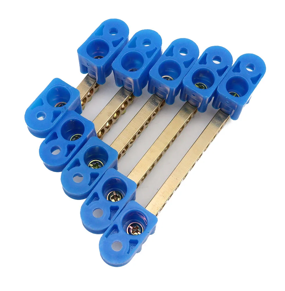 Blue yellow Bridge Design Zero Line 4-12 Pole Screw Brass Copper Grounding Strip Terminal Block Connector Earth And Neutral wire connectors din rail terminal block ground bar connector