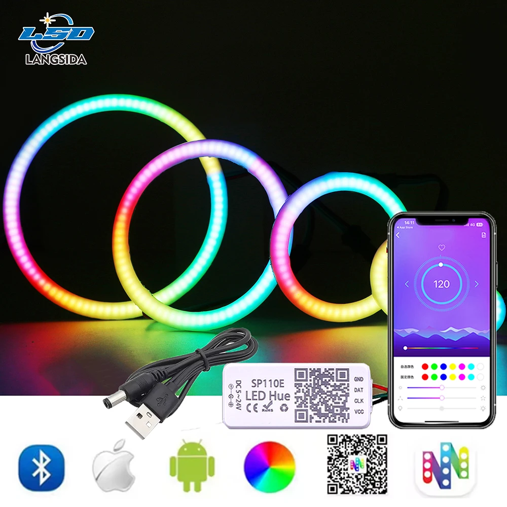 DC5V COB RING RGB WS2812 LED Strip Individually Addressable USB Connector with SP110E Bluetooth APP Controller 27/48/73/96/120mm