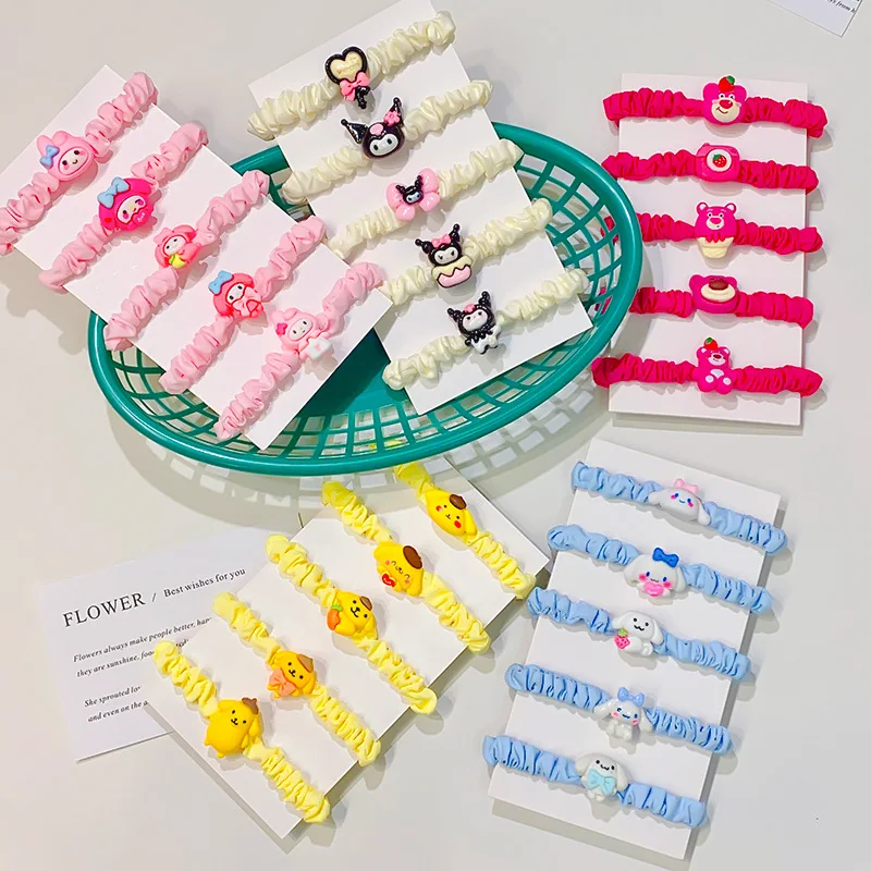 5Pcs Anime Sanrio Hair Ring Kuromi Cinnamoroll Mymelody Cartoon Kawaii Doll Hair Rope Student Cute Rubber Band Kid Toy Girl Gift