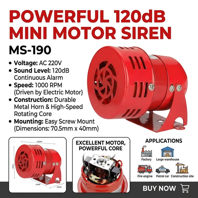 120dB Motor Siren MS-190, 220V Industrial Alarm Siren with Metal Housing,High Power Sound Warning Alarm for Factory and Workshop 1