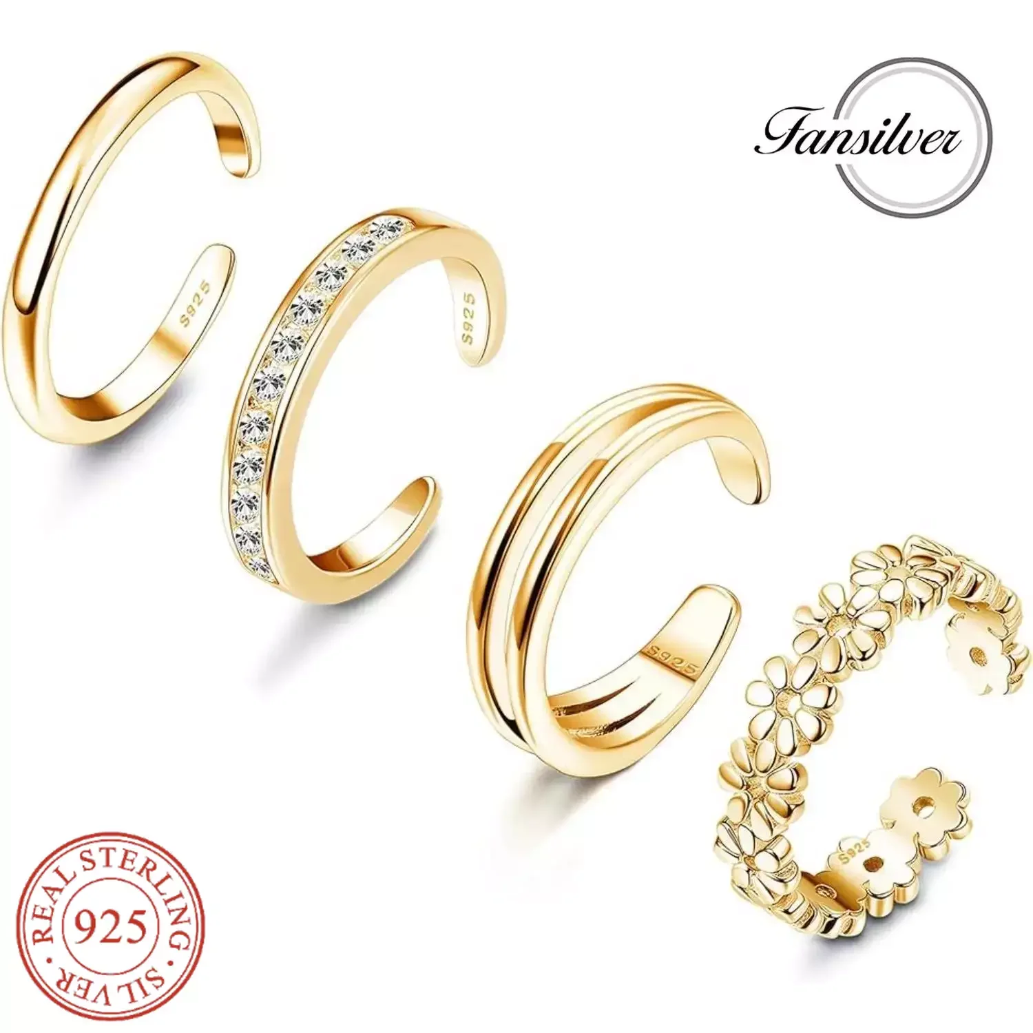 

Женское Открытое кольцо с имитацией бриллиантов Fansilver, Пляжное кольцо из серебра 925 пробы с регулируемым носком, 4 шт.