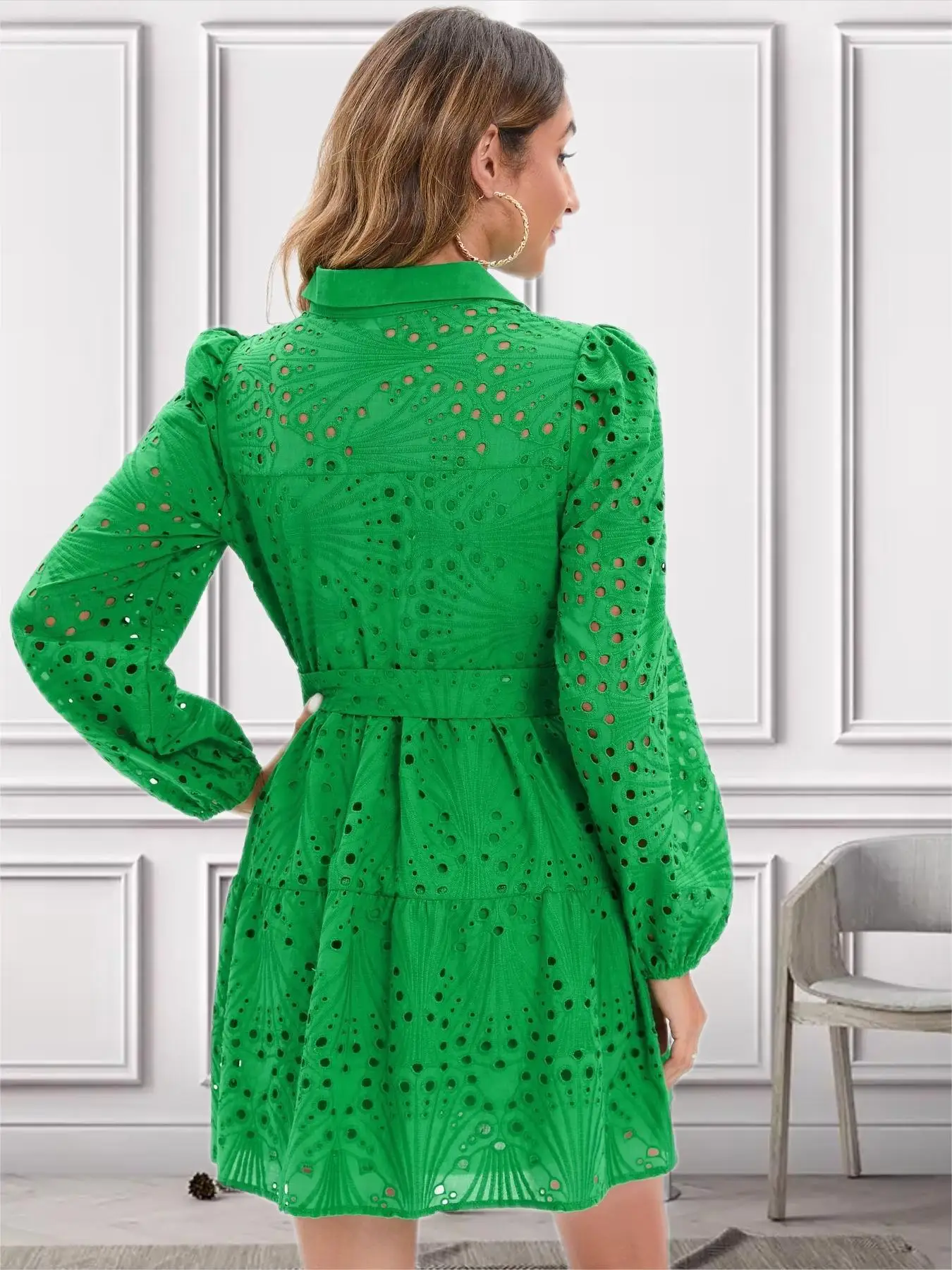 Women Lace Dress With Belt Eyelet Embroidered Hollow Out