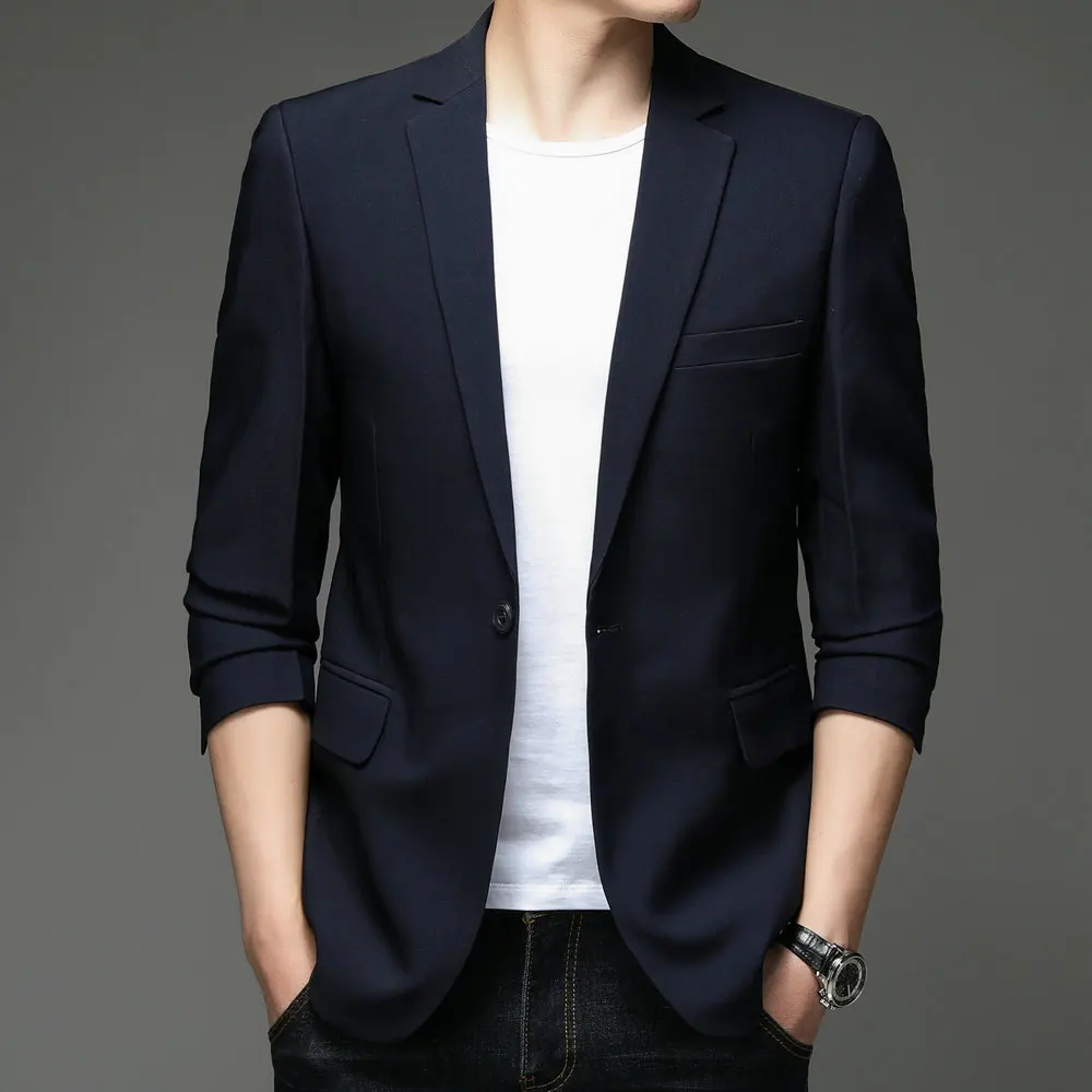 

2024 Men Black Navy Blazers Business Casual Slim Fit Suit Coat Back Splite Design Office Oufits Man Elegant Clothings OOTD Look