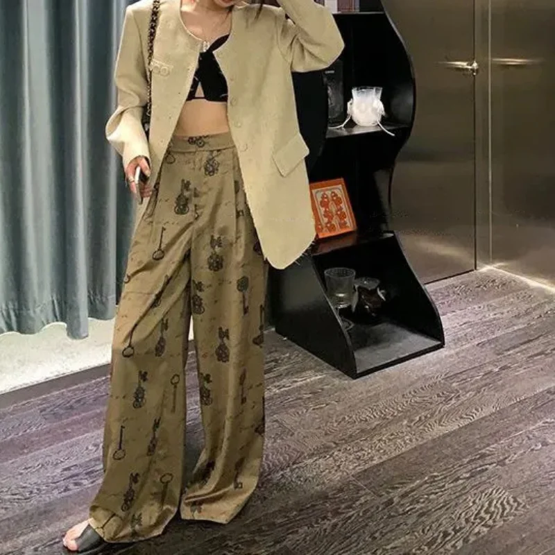 Women Spring and Autumn Korean New High Waist Casual Harlan Pants Commuter Fashion Printed Look Thinner Versatile Wide Leg Pants