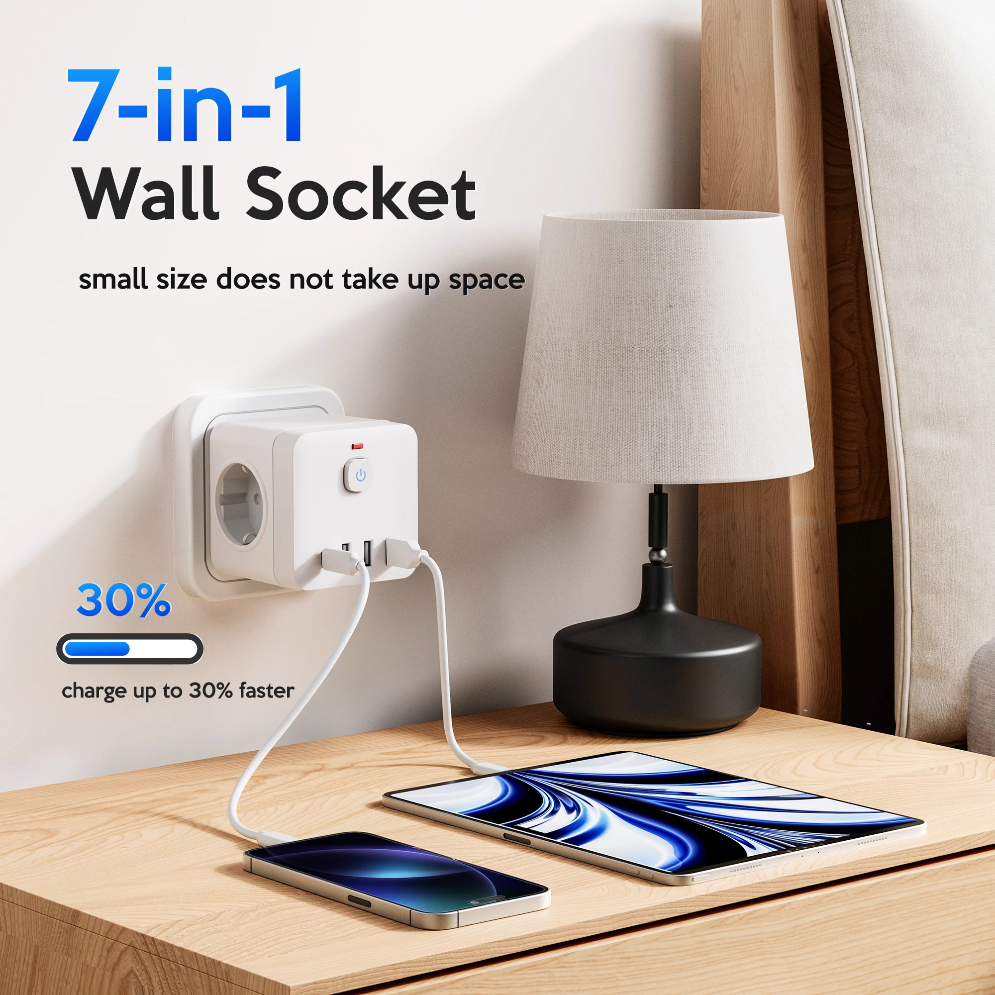 USB 포트 3개, Type-C 포트 1개, AC 소켓 3개, 서지 방지 다기능 여행용 충전기를 갖춘 7-in-1 유럽 전원 확장기