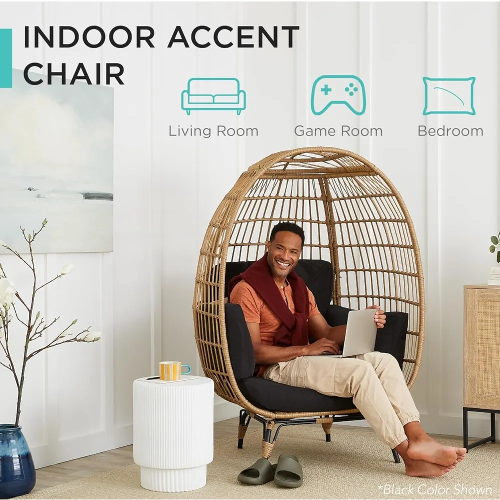 Rattan Egg Chair, Oversized Indoor and Outdoor Lounge Chair with 4 Cushions, Steel Frame, 440 Lbs 5