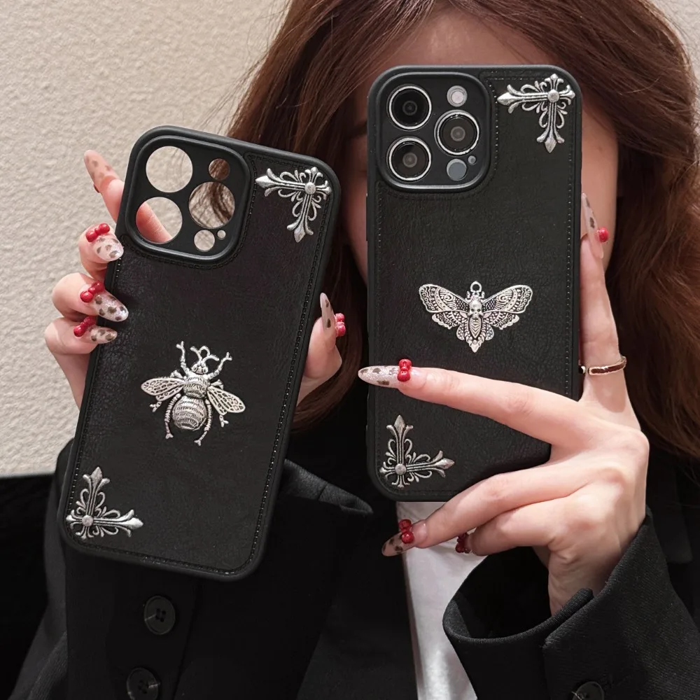 Luxury Gothic High Grade Leather Phone Case with Metal Honeybee Protection Cover