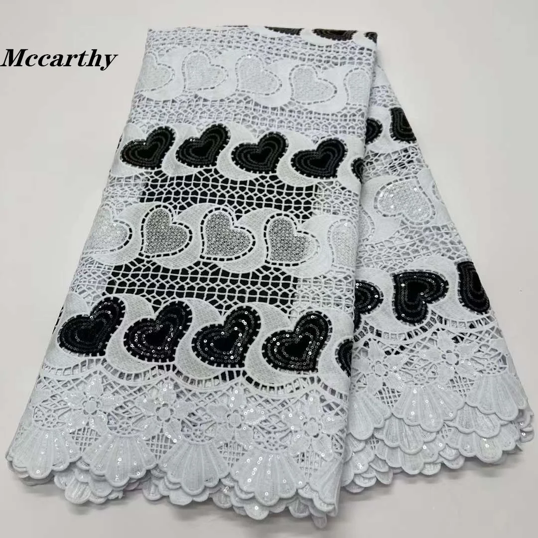 Luxury African Fabrics 3d Embroidery Guipir Sequins Lace For Women Wedding Dress 5Yards Water Soluble White Cotton Fabric