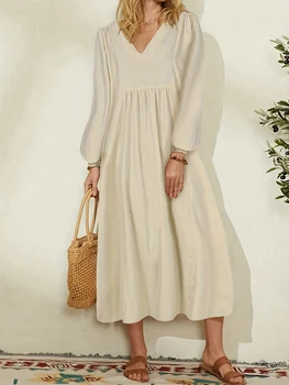 Spring/Summer New Arrivals Women's Cotton-Linen Blend Loose Bell-Sleeve Dress Casual Elegance for Everyday Wear 1