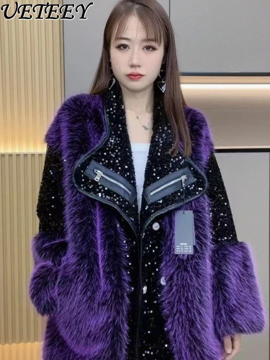 

Elegant Warm All-Matching Slimming Women Mid-Length Mink Faux Fur Jacket Luxury Plush Sequins Long Coat Winter New Clothes 2023