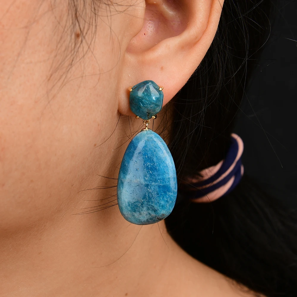

GG Jewelry Natural Real Gems Blue Apatite Stone Teardrop Shape Dangle Stud Earrings Handmade Women Party Jewelry Gifts