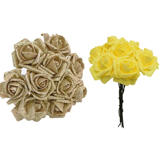 10pcs 6cm High Quality Gold Silver Shiny Glitter Foam Rose Artificial  Flower Bouquet Christmas Home Wedding Party Decoration