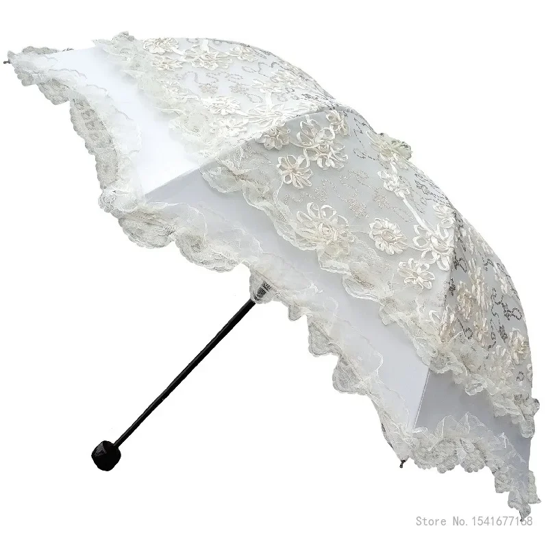 Double Layer Black Rubber Lace Sun Umbrella, Ladies High-end Photo Studio Wedding Dress Hanfu French Retro Parasol Umbrella, 1Pc