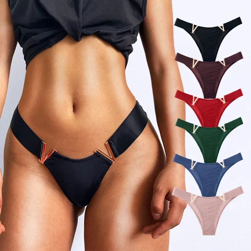 

3 Pack Sexy V-shaped metal trimmed T pants women's sports buttocks lift low waist high fork half-wrap buttocks women's pantiesVS