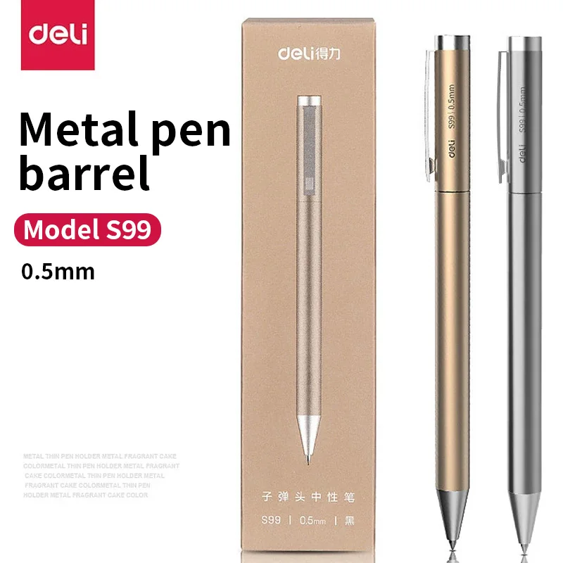 DELI Metal Sign Pen 0.5mm Gel Ink Pens Golden Silver Color Metallic Writing Pen Office Supplies Gold, silver, metal pen barrels