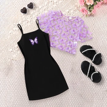 Set of clothes and t-shirts in 2 pieces with summer butterfly girl: baby clothing elastic, comfortable and easy to clean 1