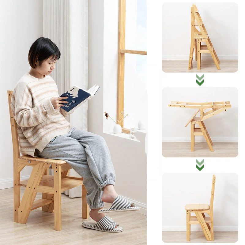 Solid Wooden Ladder Chair Household Foldable Ladder Chair Multi-functional Ladder Stool For Indoor Climbing Stairs image_2