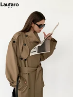 Lautaro Spring Autumn Oversized Khaki Long Grey Trench Coat for Women Double Breasted Loose Casual Korean Fashion Overcoat 2024 1
