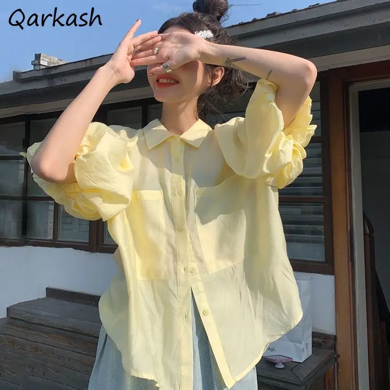 

Shirts Women Puff Sleeve Pockets Thin Sweet Cute Designed Summer Korean Style Casual Trendy Vintage All-match Cozy Mujer Tops