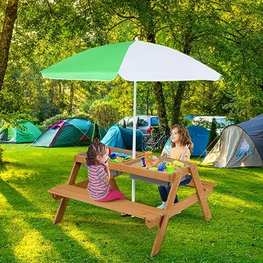 Picknicktisch für Kinder im Freien mit Sand- und Wasserspielbehältern, höhenverstellbarem Sonnenschirm und abnehmbarer Tischplatte – kleinkindgerecht_voghion.com