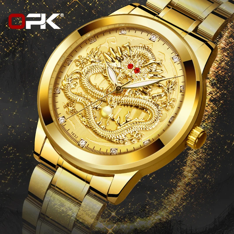 OPK Brand Men's Watches Luxury Gold Waterproof Fashion Luminous Trend Stainless Steel Strap Dragon Quartz Wristwatch Original