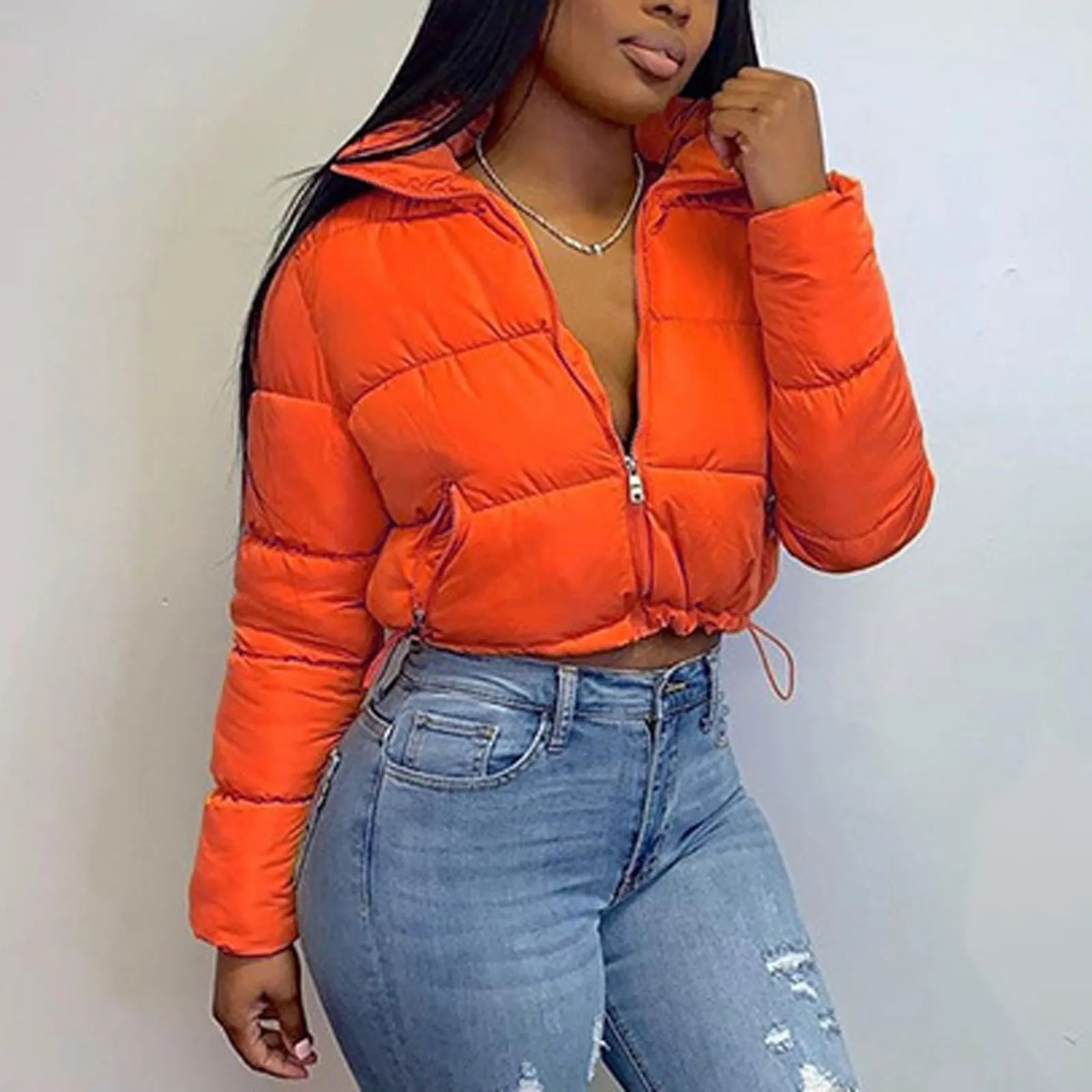 

2023 New Fashion Women Short Bread Down Winter Warm Solid Jacket Stand Up Collar Cardigan Down Jacket Outerwear Padded Coat