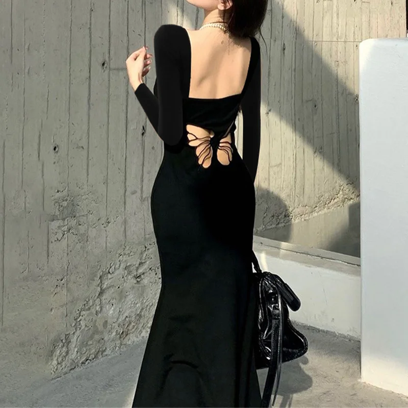 y2k Dresses Women Sexy Clothes Solid Color Butterfly Cutout Back Long Sleeve Bodycon Dress Club Dresses Streetwear