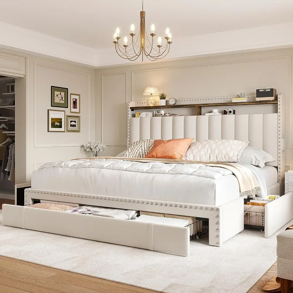 

Queen Bed Frame with 3 Drawers, Upholstered , with Headboard, with Storage, Easy Assembly, Queen Bed Frame