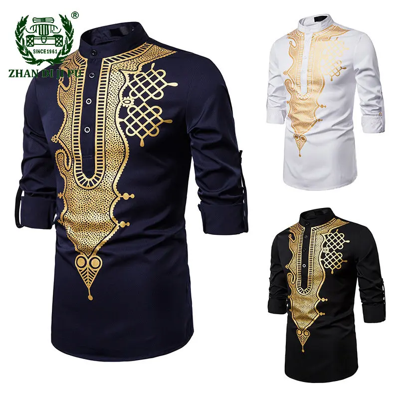 

Luxury Golden Print African Shirts Bazin Dashiki Long Sleeve Shirt Muslim Shirt Casual Slim Traditional Wedding Party Chemise