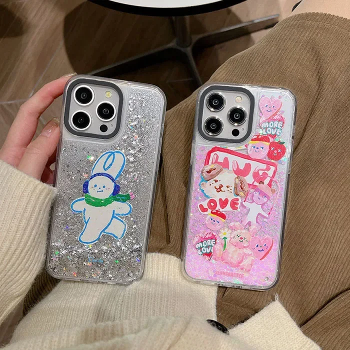 

Doll Music Rabbit Transparent Border Silver Quicksand Phone Case Cover for IPhone 12 13 14 15 Pro Max Case for IPhone 15 Pro