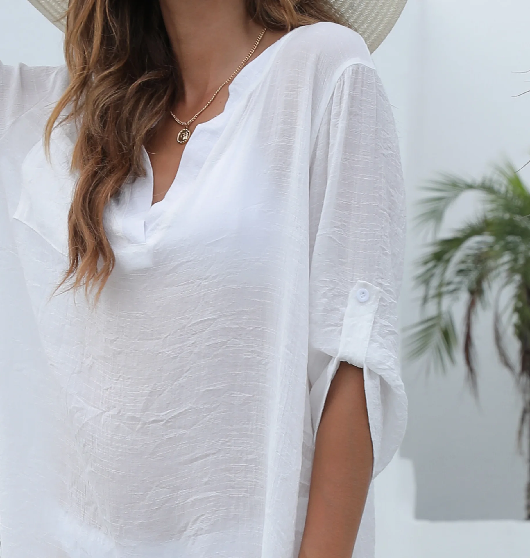 Woman Shirt for Women Summer Beach Wear White Tunic Short Sleeve V Neck Shirts Tunicas Mujer Verano Black Large XXL