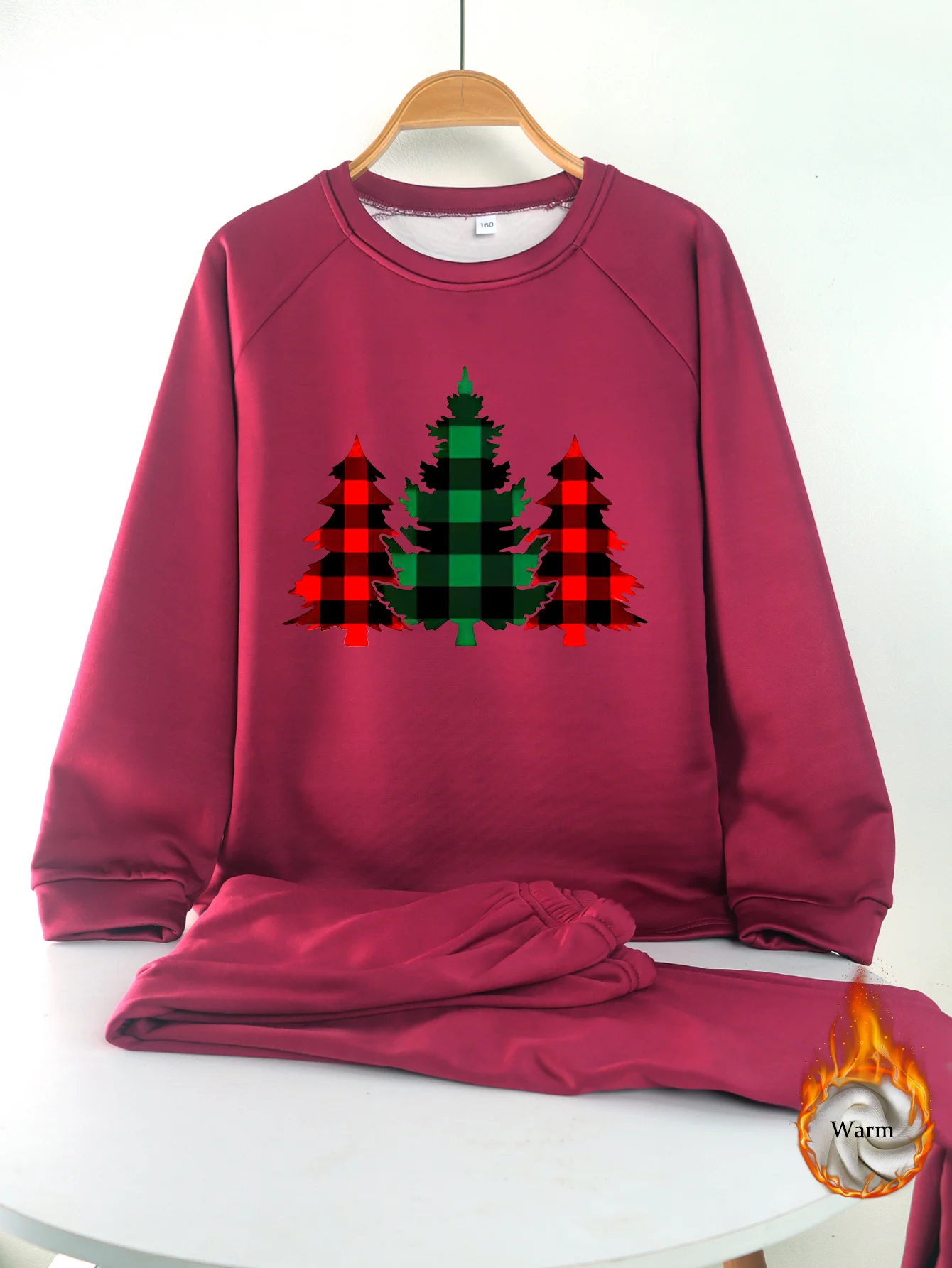 Adolescent Automne Hiver chaud sous-v&ecirc;tements set arbre de No&euml;l imprim&eacute; manches longues doux en duvet hiver Undershirt pantalo