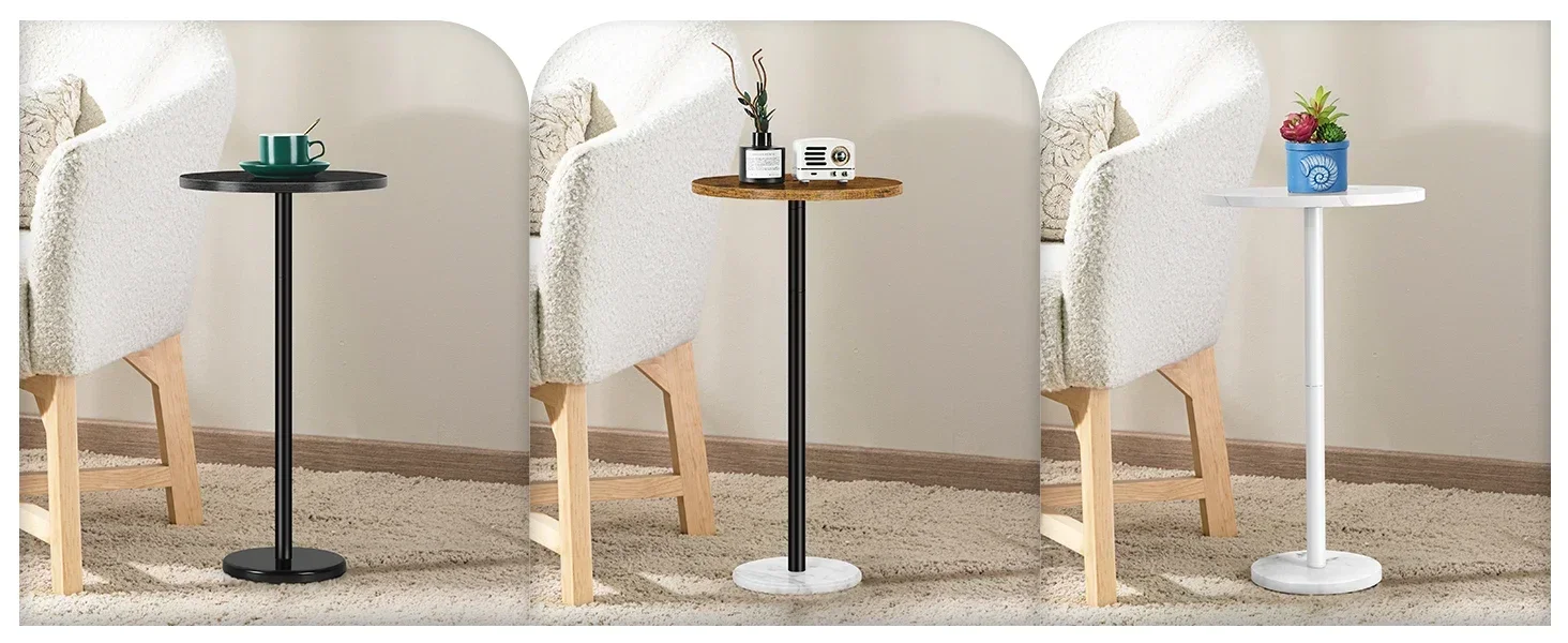 Black Drink Table Outdoor Round Pedestal Side Table with Marble Base Small Cocktail Table for Patio
