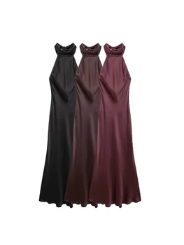 Robe longue satin femme dos nu nouée fermeture éclair sexy