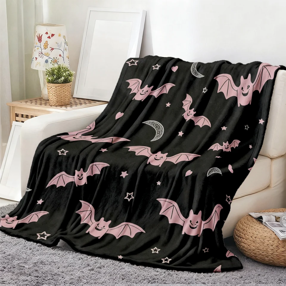 Whimsical Pink Bat and Star Flannel Blanket