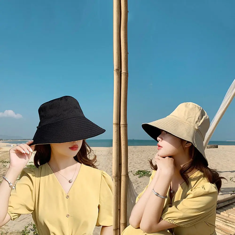 Unisex Hat Black Solid Color Double-Sided Simple Hip Hop Bucket Hats Men's Women's Panama Beach Fishing Sun Cap blue bucket hat